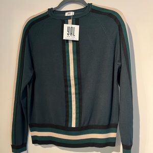 Brand new dark green sweater with cream and black stripe